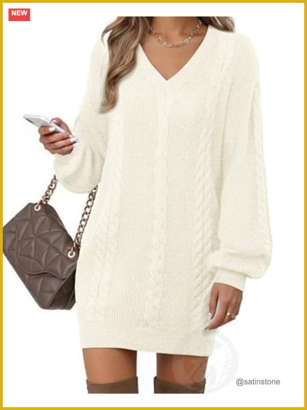 Women's Casual V Neck Lantern Sleeve Knit Mini Sweater Dress